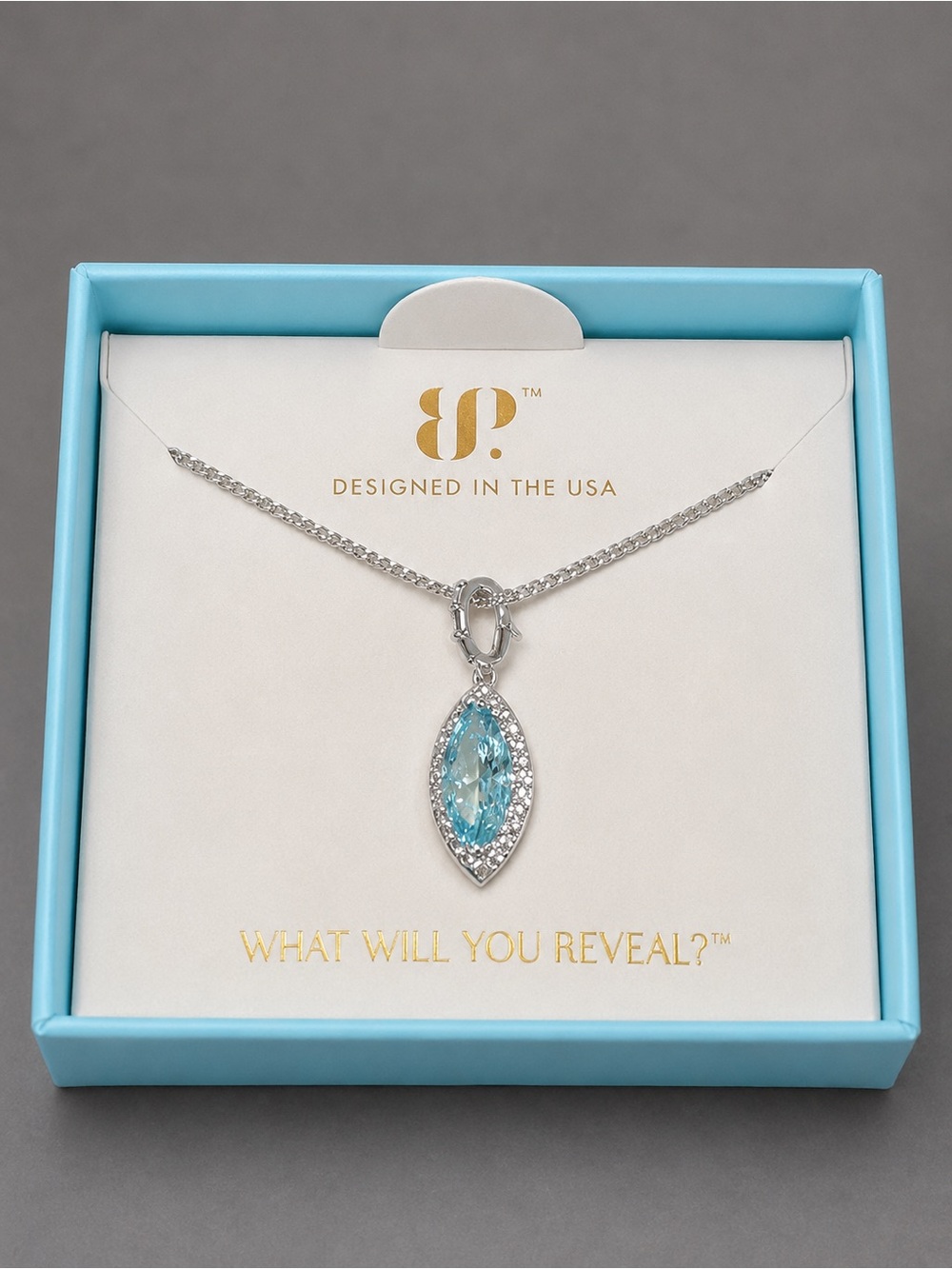 BP March Aquamarine CZ Halo Necklace Baguette Bail Rhodium 18” Vintage Inspired